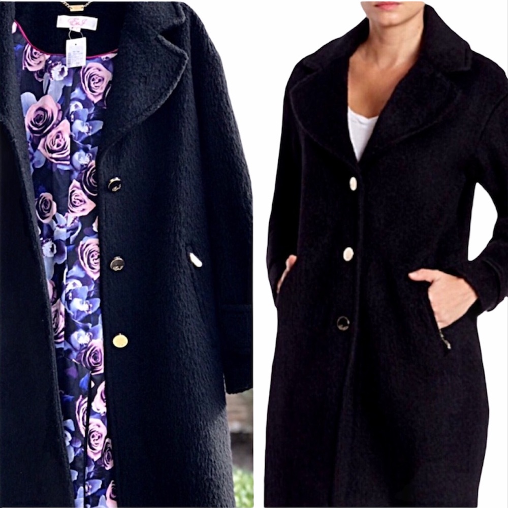 TGIBF Sale NWT Eliza J x Saks Classic Chic Navy Mid Wool Trench Coat - Picture 1 of 8